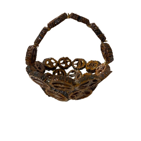 Sliced Black Walnut Basket w/Handle Folk Art Mini Small Hand Made Shell Nut - Picture 5 of 12